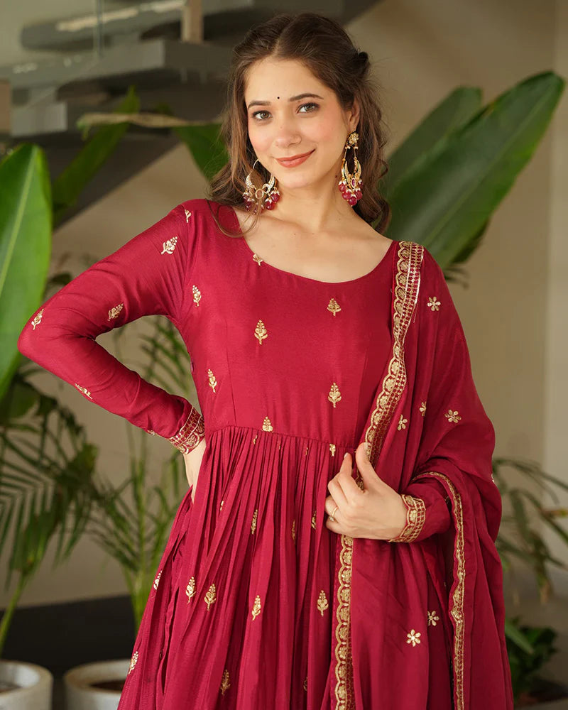 Womenline Red Color Chinnon Sequence Embroidered Gown