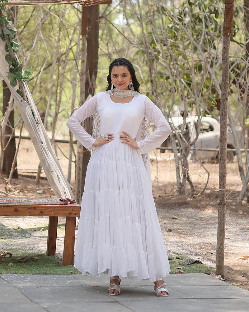 Womenline White Color Designer Embroidered Gown With Dupatta