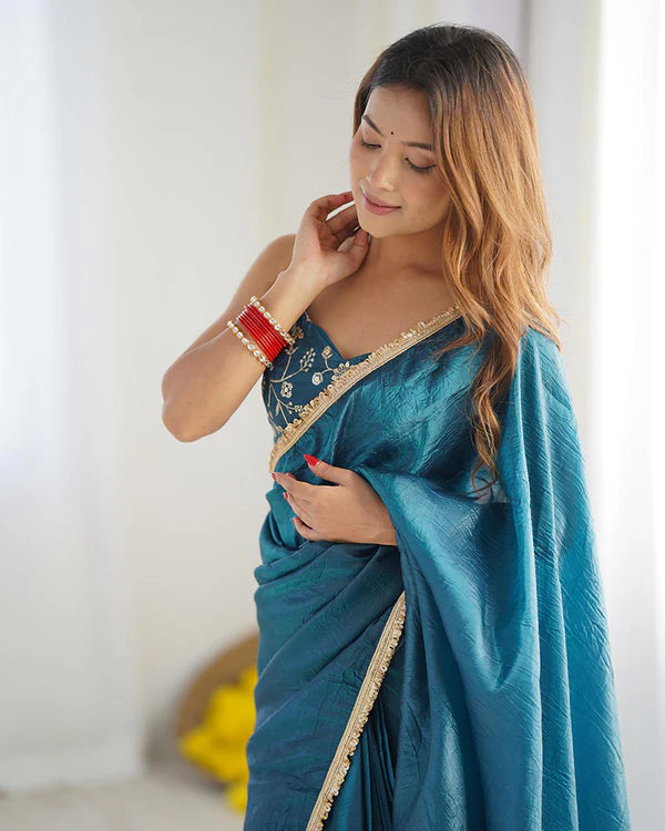 Womenline Teal Blue Color Tissue Silk Saree