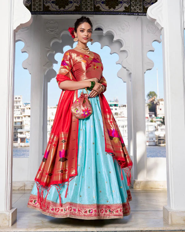 Womenline Sky Blue Color Jacquard silk Half Saree
