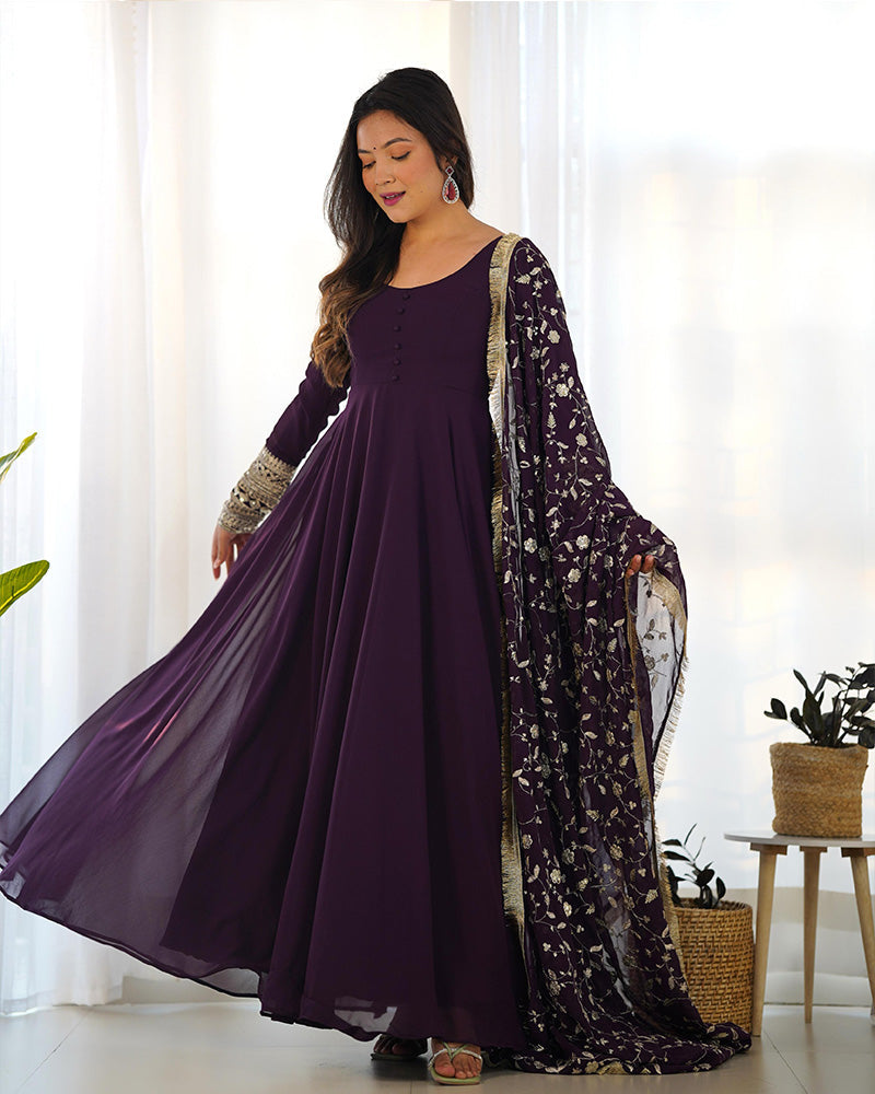 Womenline Wine Color Soft Georgette With Heavy Embroidery Work Dupatta Anarkali Suit