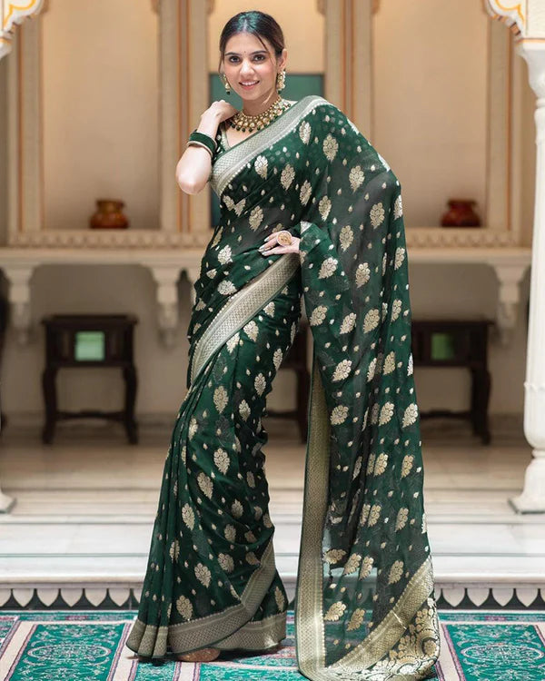Womenline Green Color Banarasi All Over Jacquard Soft Silk Saree