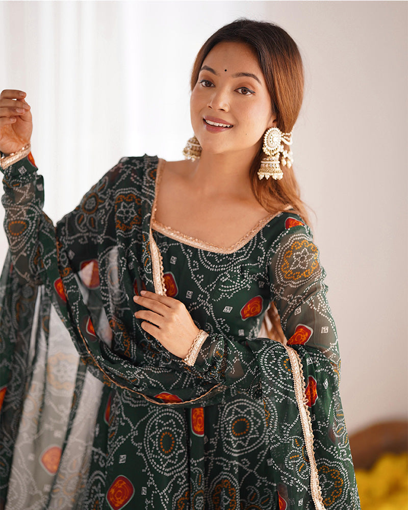 Womenline Green Color Bandhej Print Soft Chiffon Anarkali Gown