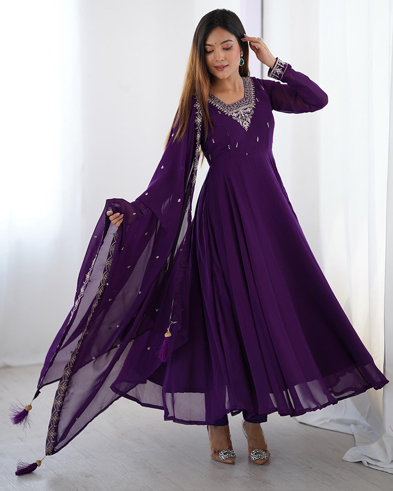 Womenline Purple Color Georgette Embroidered Three Piece Anarkali Suit