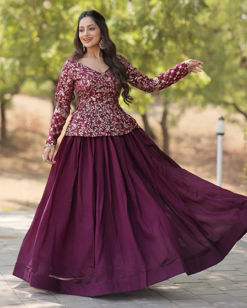 Womenline Wine Color Vichitra Shimmer Crop Top Lehenga Choli