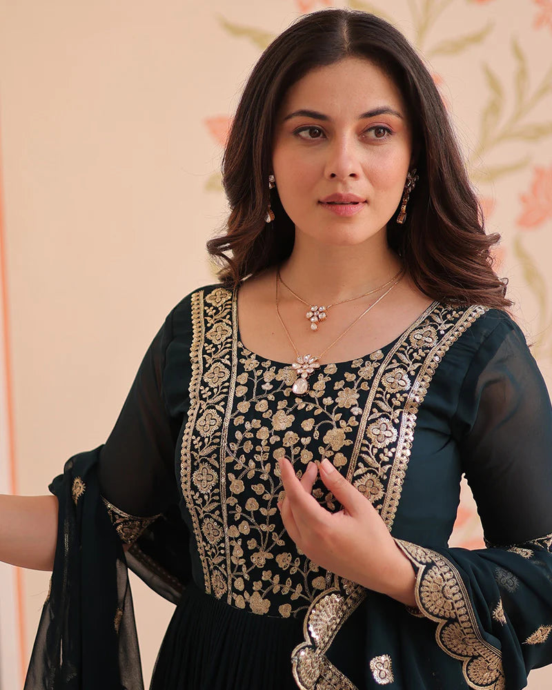 Womenline Designer Rama Blue Anarkali Gown with Golden Embroidery