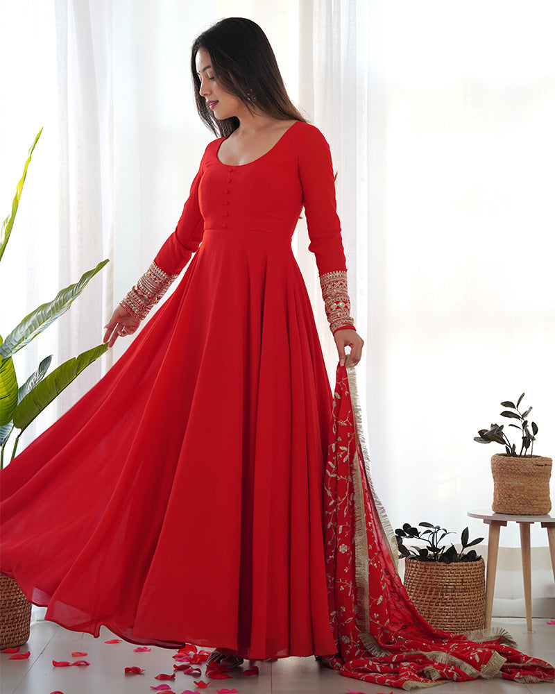 Womenline Red Color Soft Georgette Anarkali Gown With Heavy Embroidery Work Dupatta