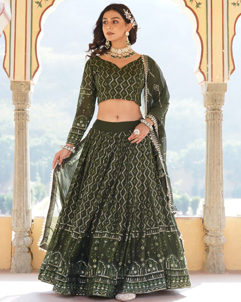 Womenline Dark Green Color Georgette Heavy Embroidery Threaded Semi Stitched Lehenga Choli