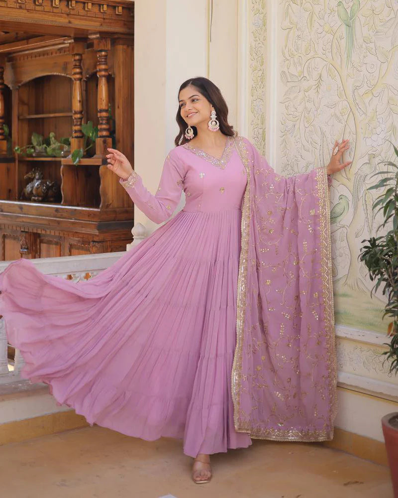 Womenline Laveneder Color Faux Georgette Designer Anarkali Gown With Dupatta