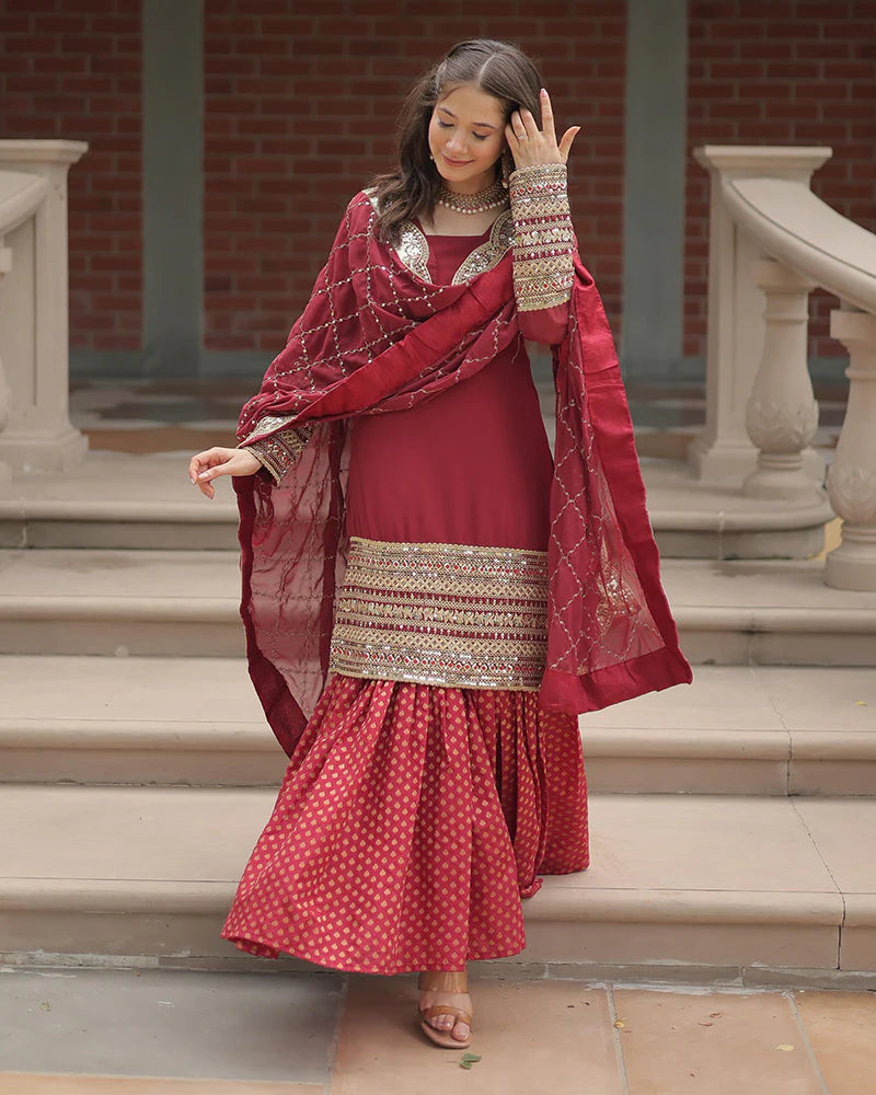 Womenline Maroon Color Georgette And Jacquard Sharara Suit