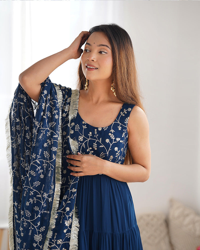 Womenline Rama Color Georgette Five Layer Ruffle Style Anarkali Suit