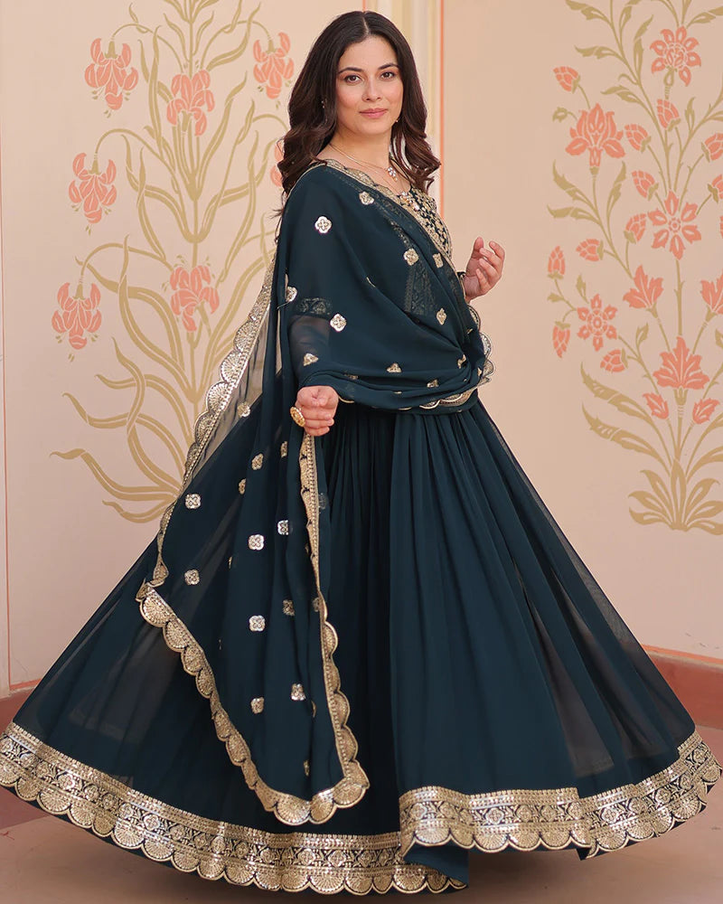 Womenline Designer Rama Blue Anarkali Gown with Golden Embroidery