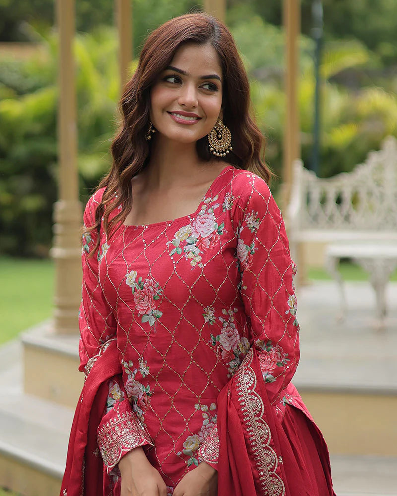 Womenline Rani Pink Color Chinnon Printed Plazzo Suit