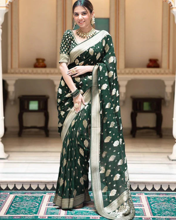 Womenline Green Color Banarasi All Over Jacquard Soft Silk Saree