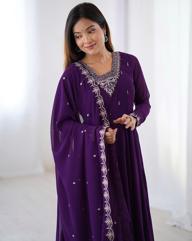Womenline Purple Color Georgette Embroidered Three Piece Anarkali Suit