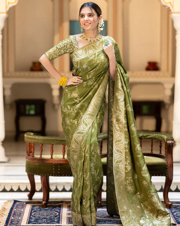 Womenline Mehndi Color Banarasi Jacquard Zari Weaving Saree