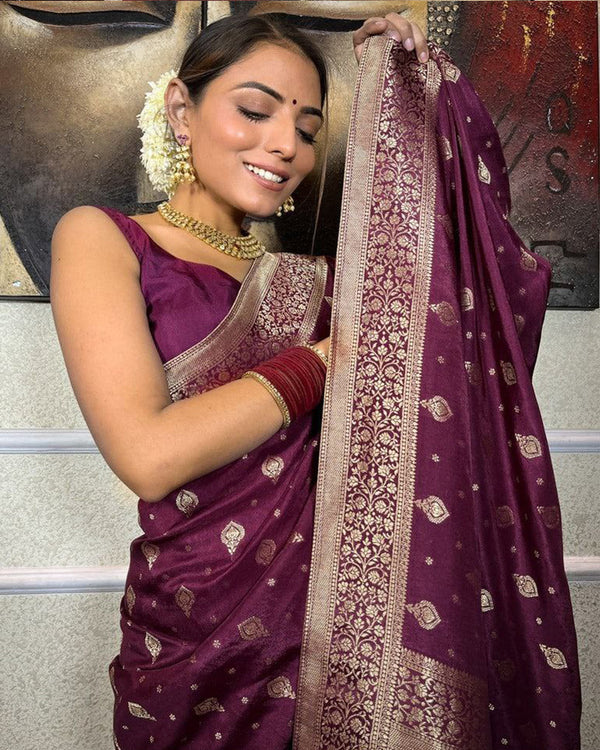 Womenline Wine Color Small Butti Design Banarasi Soft Silk Saree
