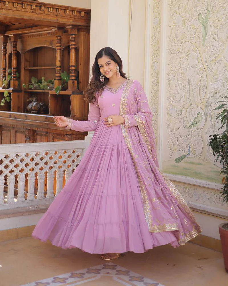 Womenline Laveneder Color Faux Georgette Designer Anarkali Gown With Dupatta