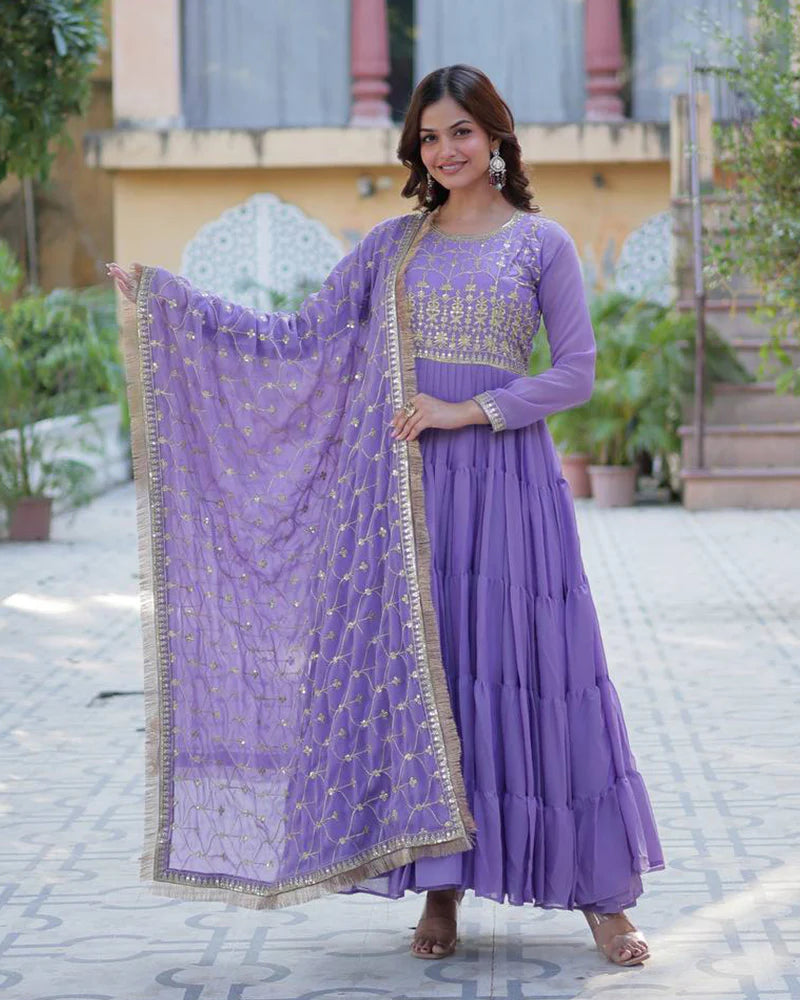 Womenline Purple Color Star Georgette Gown With Embroidered Dupatta
