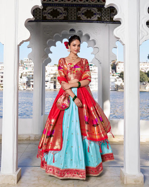 Womenline Sky Blue Color Jacquard silk Half Saree