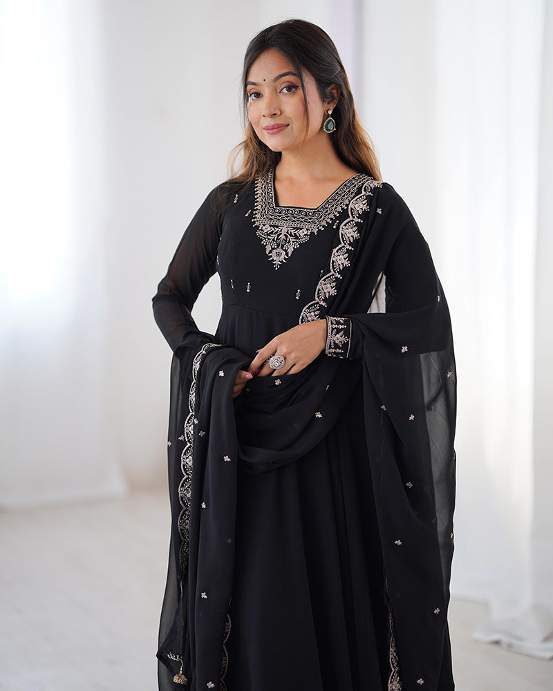 Womenline Black Color Georgette Embroidered Three Piece Anarkali Suit