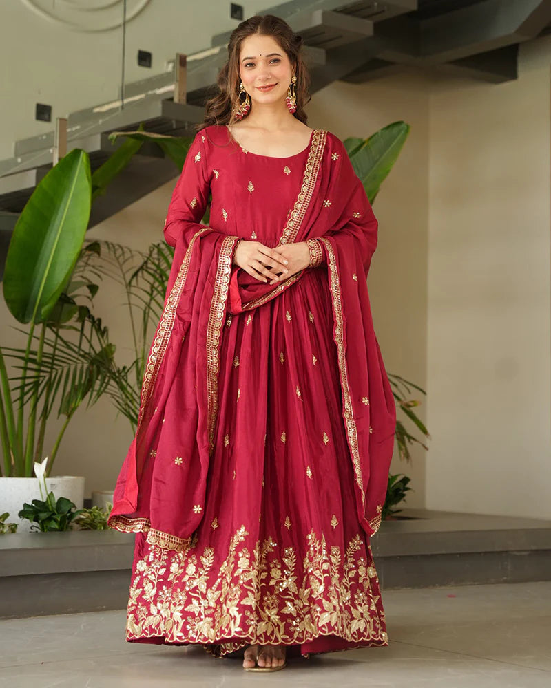 Womenline Red Color Chinnon Sequence Embroidered Gown