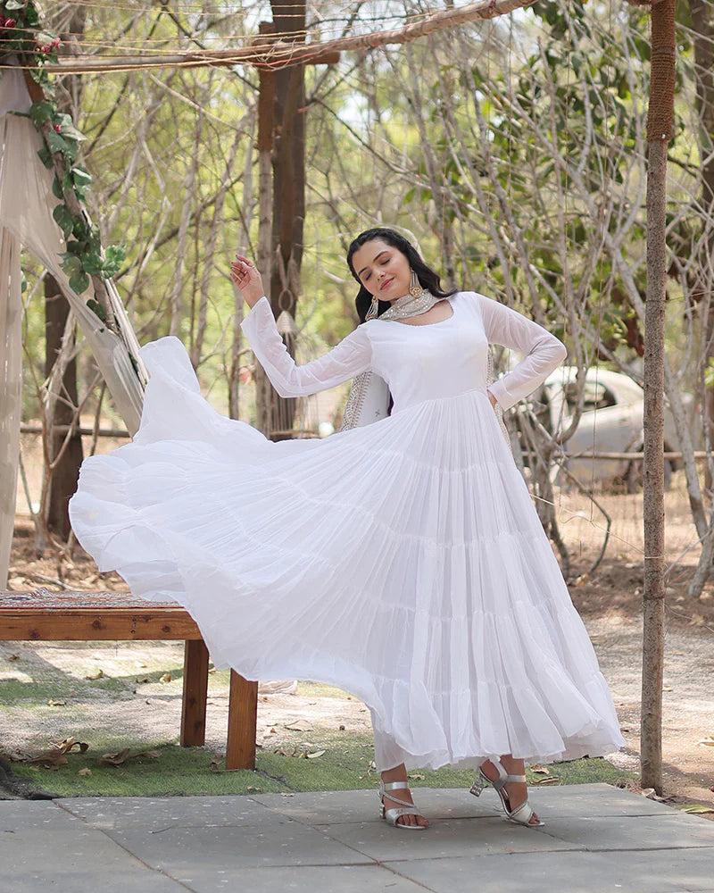 Womenline White Color Designer Embroidered Gown With Dupatta