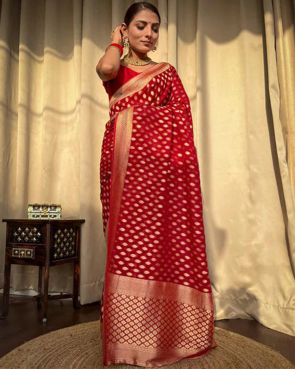 Womenline Beautiful Red Color Banarasi Jacquard Weaving Saree