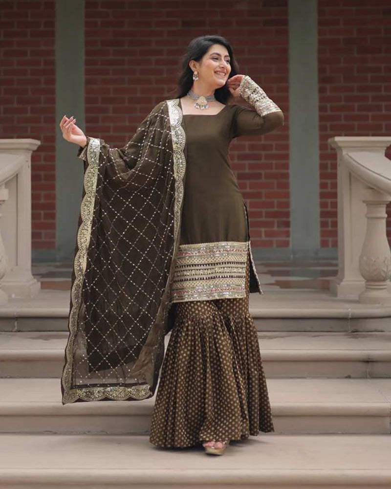 Womenline Mehndi Color Georgette And Jacquard Sharara Suit