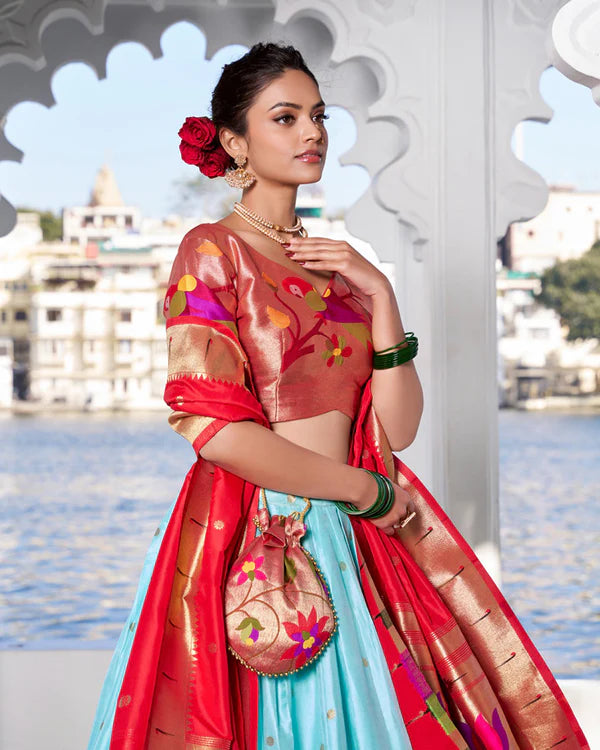Womenline Sky Blue Color Jacquard silk Half Saree