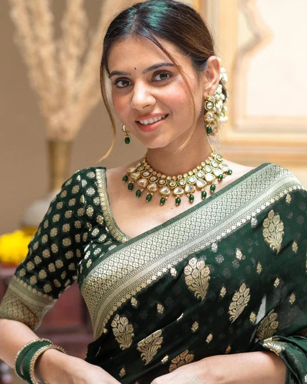Womenline Green Color Banarasi All Over Jacquard Soft Silk Saree