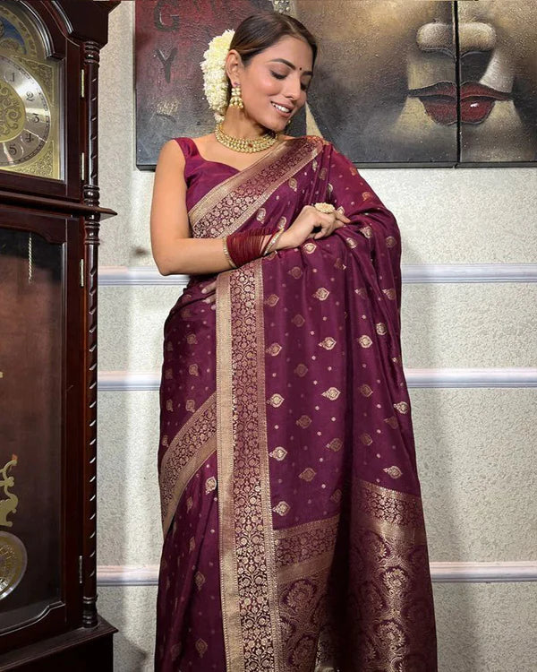 Womenline Wine Color Small Butti Design Banarasi Soft Silk Saree