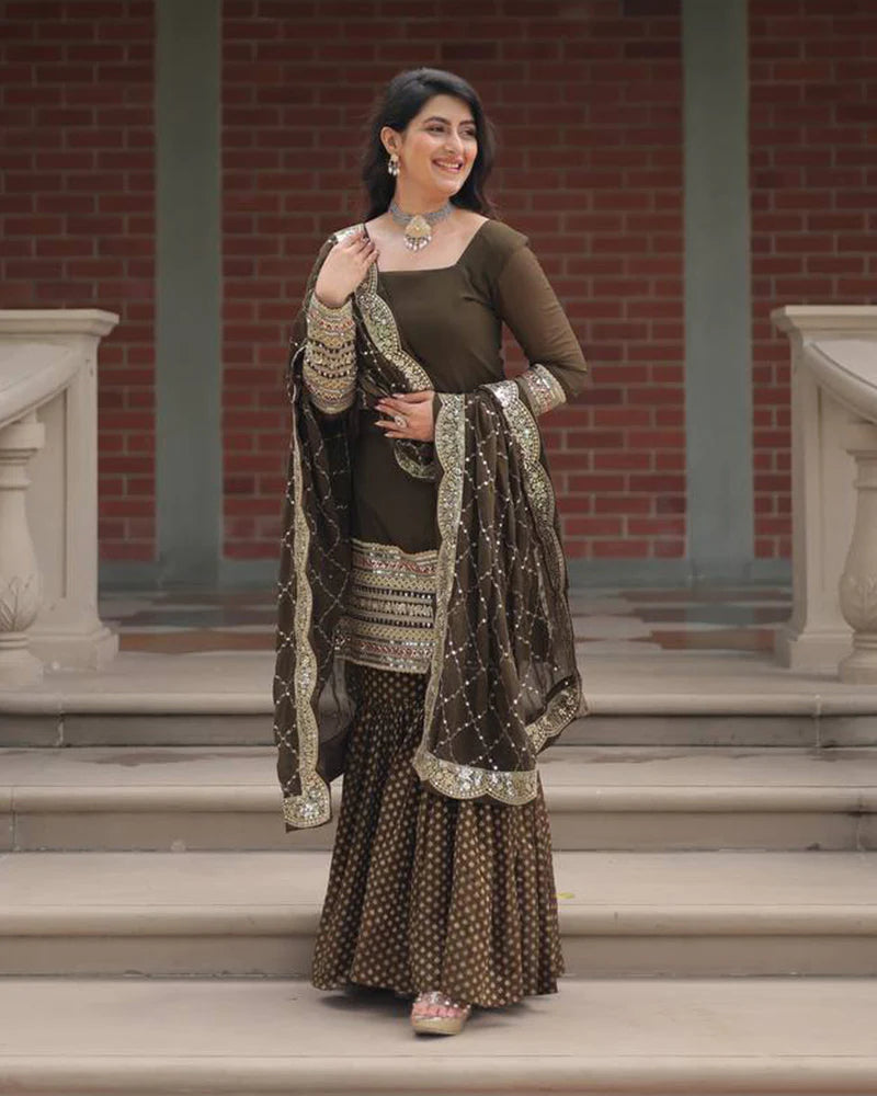 Womenline Mehndi Color Georgette And Jacquard Sharara Suit