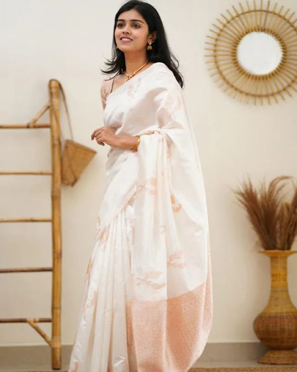 Womenline Copper White Color Banarasi Soft Silk Saree