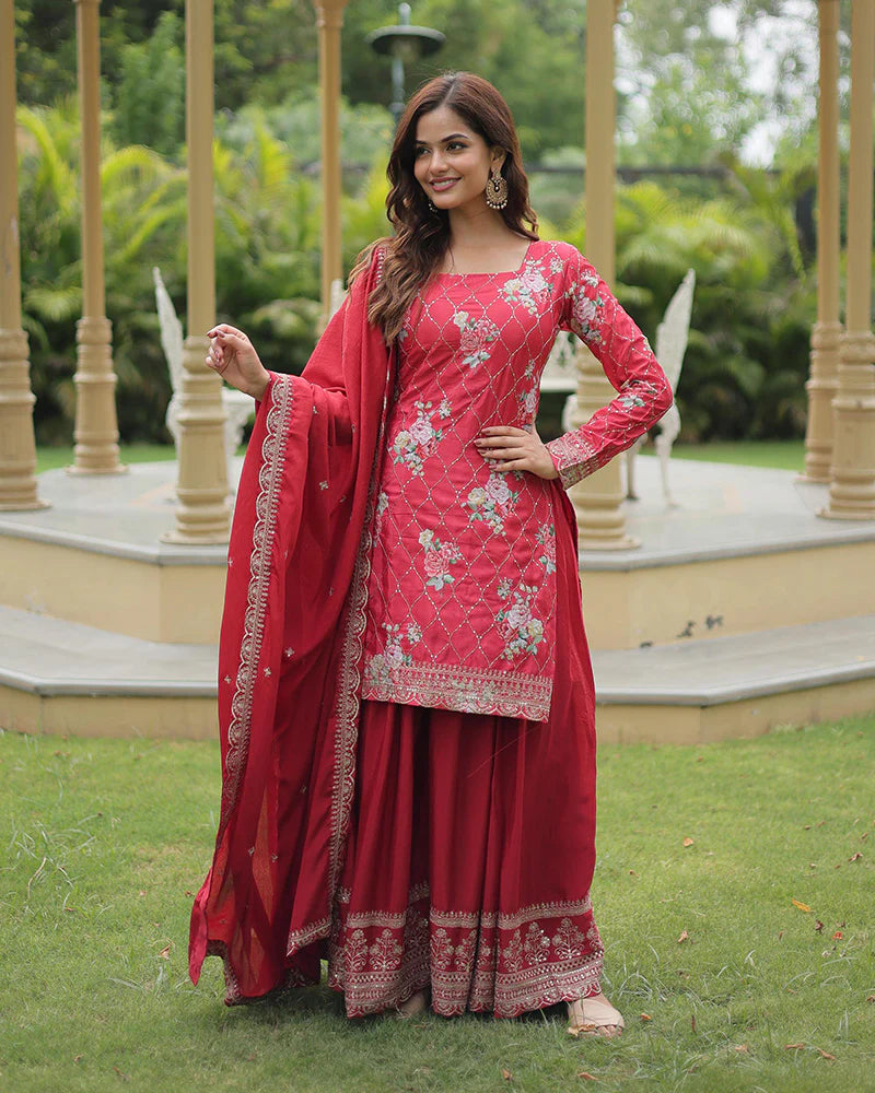 Womenline Rani Pink Color Chinnon Printed Plazzo Suit