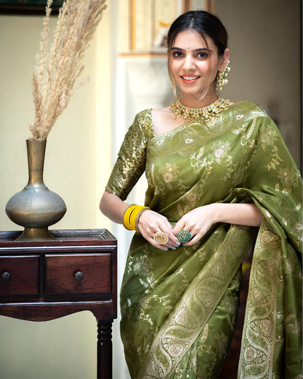 Womenline Mehndi Color Banarasi Jacquard Zari Weaving Saree