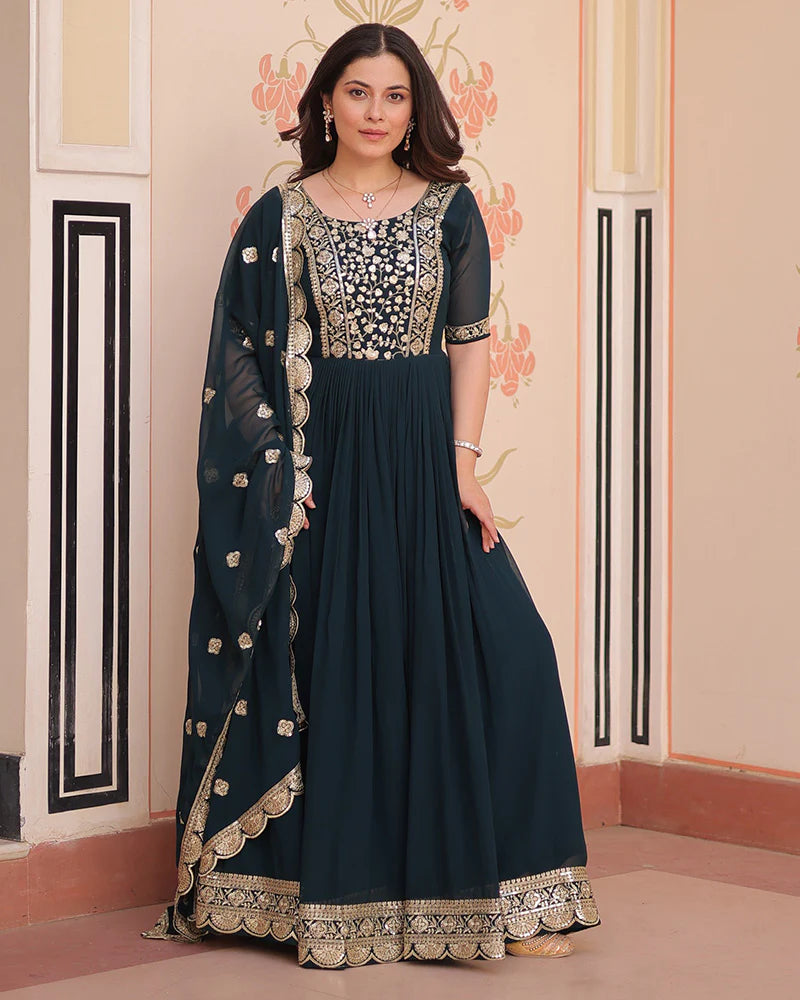 Womenline Designer Rama Blue Anarkali Gown with Golden Embroidery