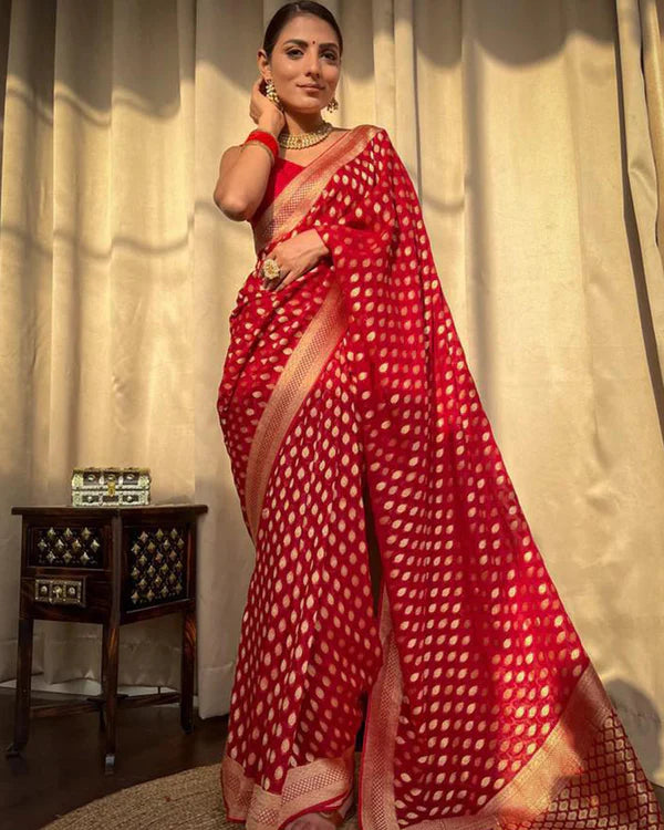 Womenline Beautiful Red Color Banarasi Jacquard Weaving Saree