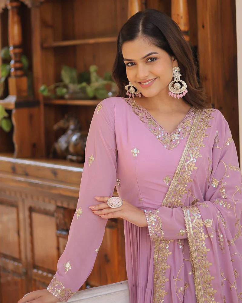 Womenline Laveneder Color Faux Georgette Designer Anarkali Gown With Dupatta