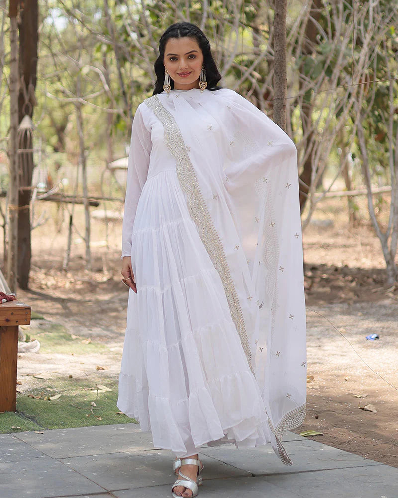 Womenline White Color Designer Embroidered Gown With Dupatta