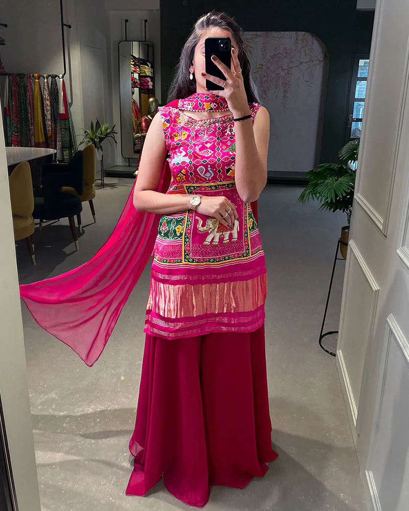 Womenline Rani Pink Color Gaji Silk Three Piece Sharara Suit