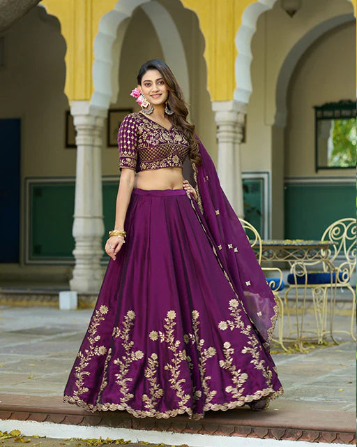 Womenline Wine Color Embroidered Rangoli Silk Lehenga Choli