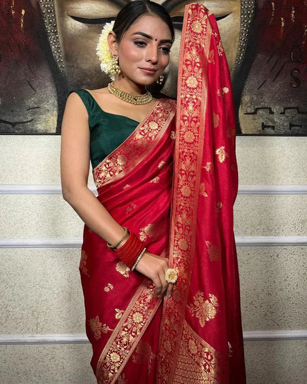 Womenline Red Color Big Flower Design Banarasi Soft Silk Saree