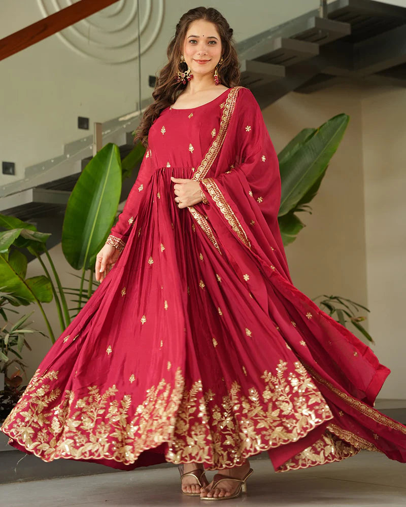 Womenline Red Color Chinnon Sequence Embroidered Gown