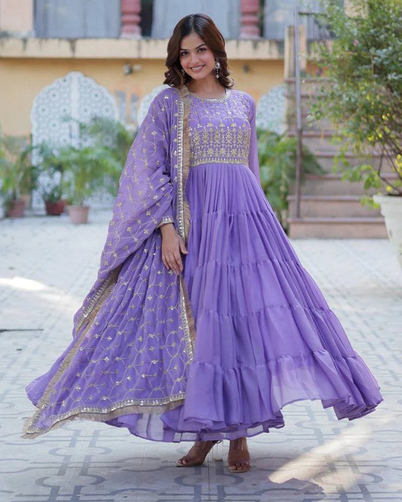 Womenline Purple Color Star Georgette Gown With Embroidered Dupatta