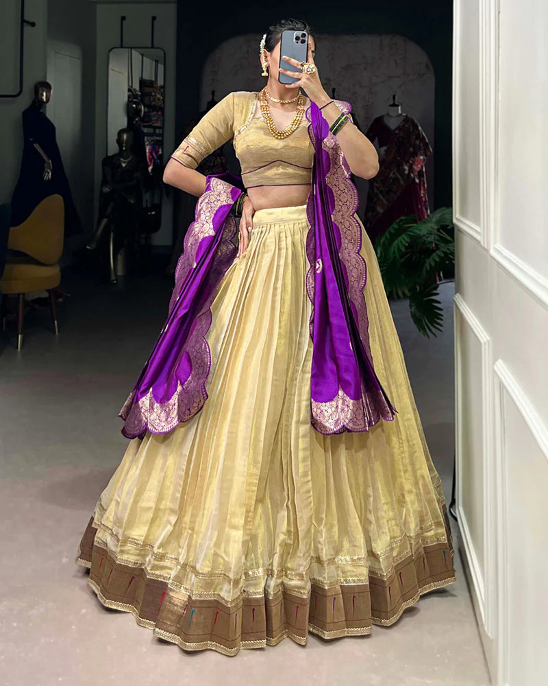 Womenline Cream Color Erode Paithani Silk Lehenga Choli