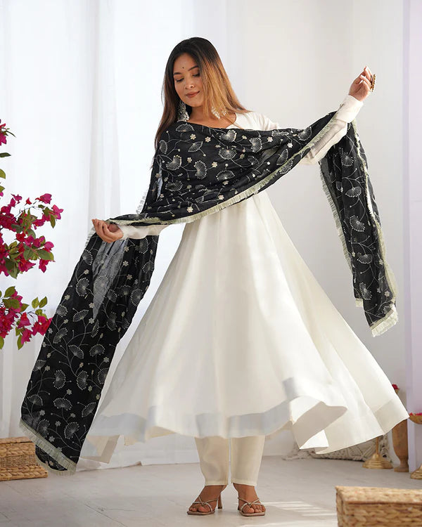 Womenline White Color Soft Vichitra Silk Anarkali With Black Dupatta