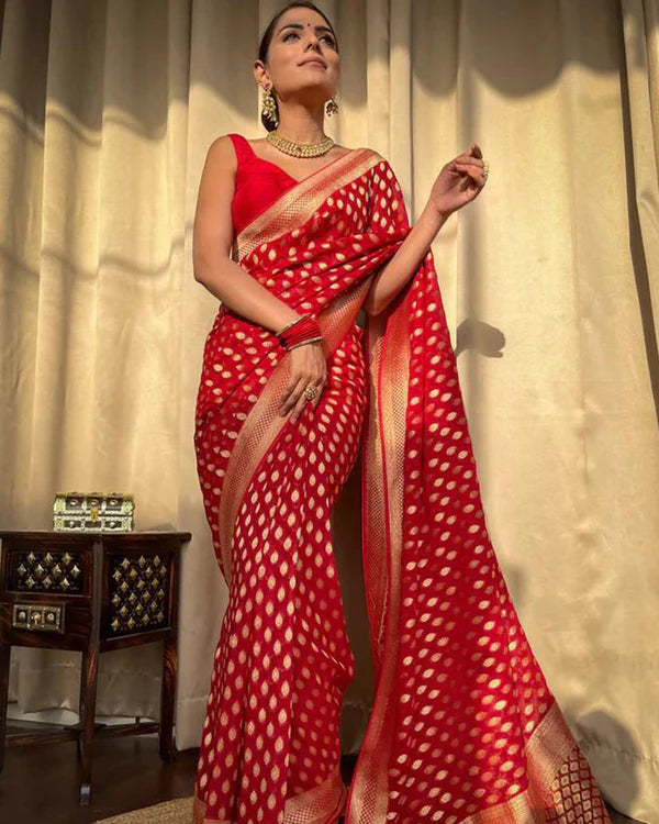 Womenline Beautiful Red Color Banarasi Jacquard Weaving Saree