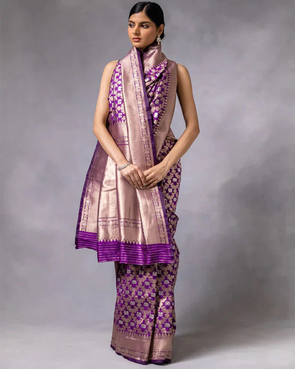 Womenline Purple Color Banarasi Jacquard Soft Silk Saree