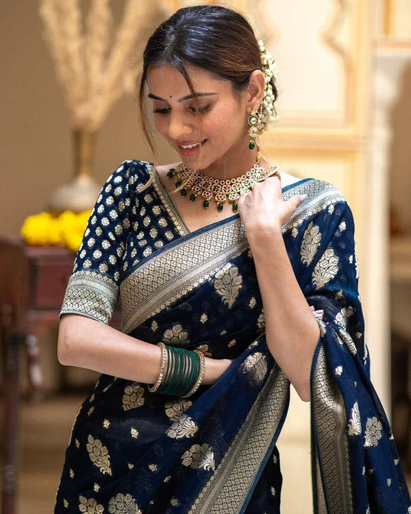 Womenline Navy Blue Color Banarasi All Over Jacquard Soft Silk Saree